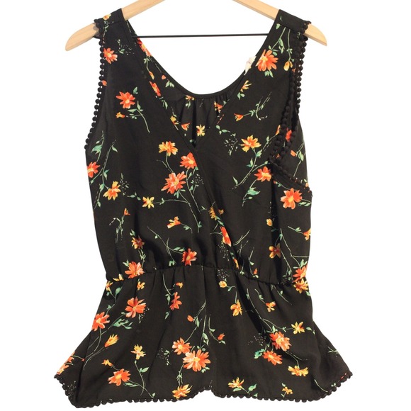 Sienna Sky Black Floral Sleeveless Top Pom Pom Trim Blouse Size M - Picture 1 of 4
